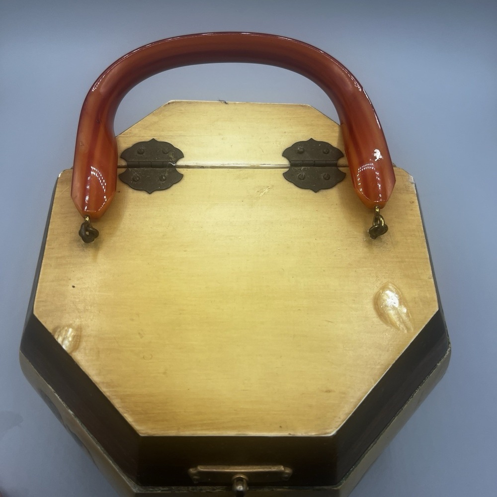 Vtg Octagonal Wooden Bucket Box Purse Lucite Handle Holly Hobbies 1974 Few Flaws - Picture 7 of 13
